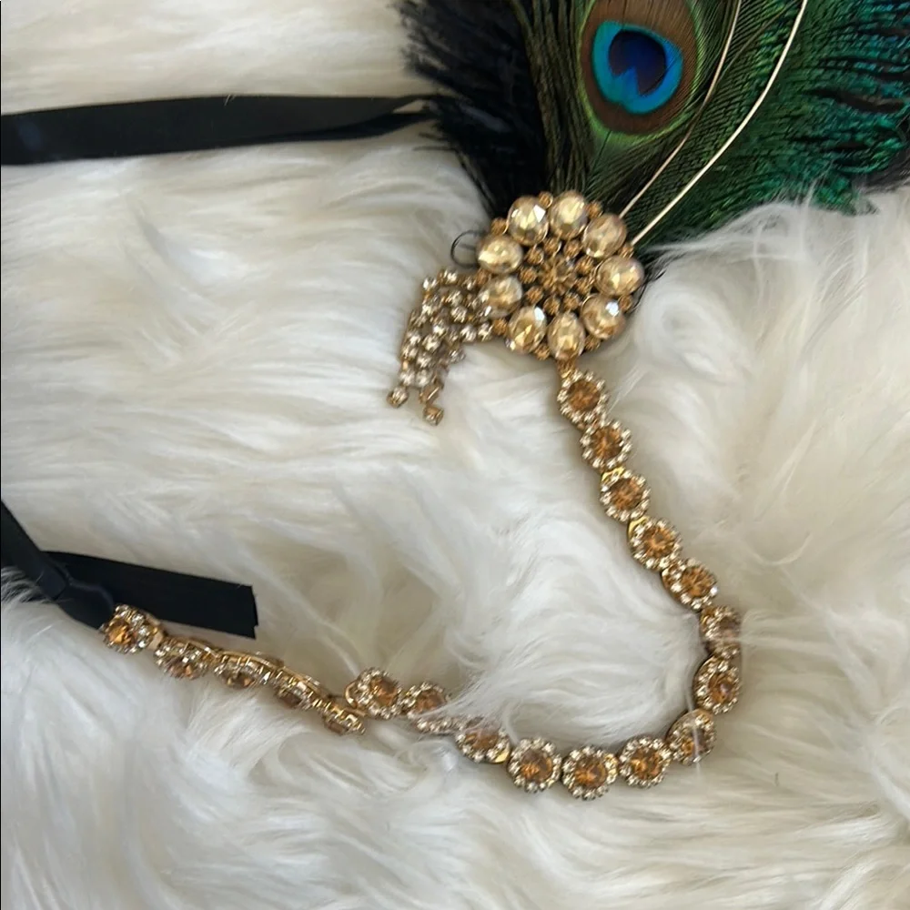 Peacock Feather & Crystal Hairpiece - Green Black